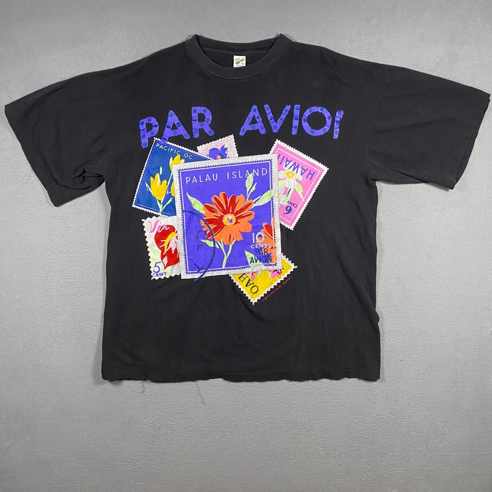 Vintage Pro Ace T-Shirt Mens XXL Black Par Avion Palau Island Stamp Graphic Tee